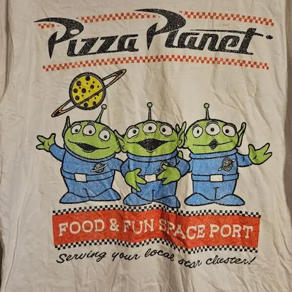 Large Toy Story Mens Pizza Planet Food & Fun Space Port White Shirt - Picture 2 of 3